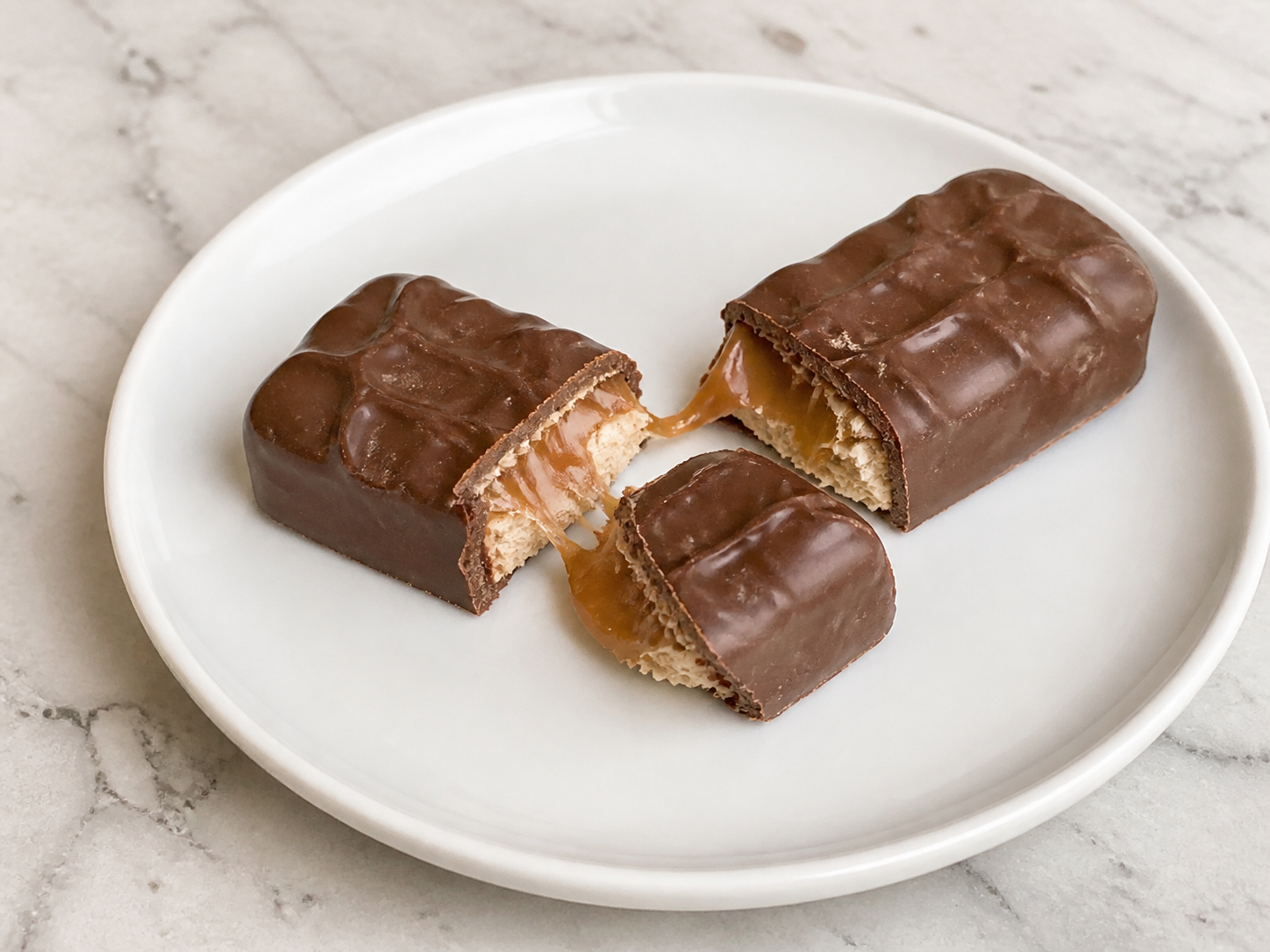 Unwrapped chocolate candy bar pieces on a white plate