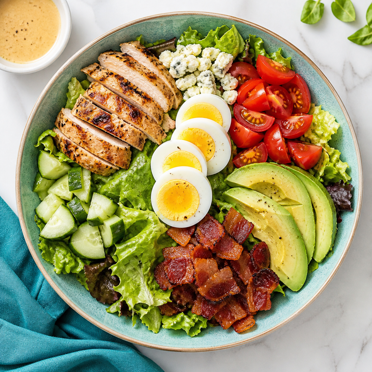 Chicken Cobb salad with avocado, tomato, egg, cucumber, greens, and dressing