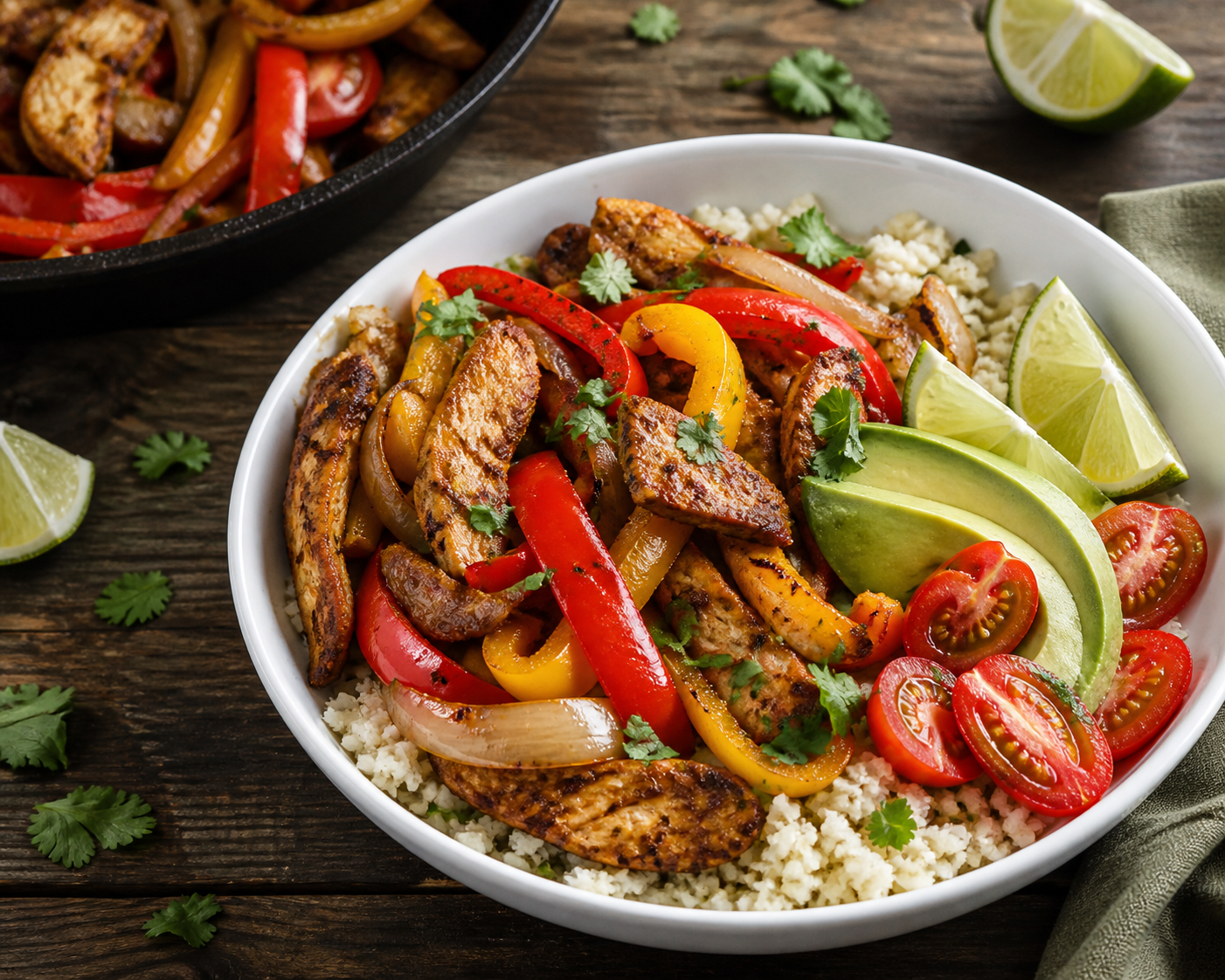 Chicken and vegetable fajita bowl with peppers, onions, avocado, lime, tomato, and cauliflower rice