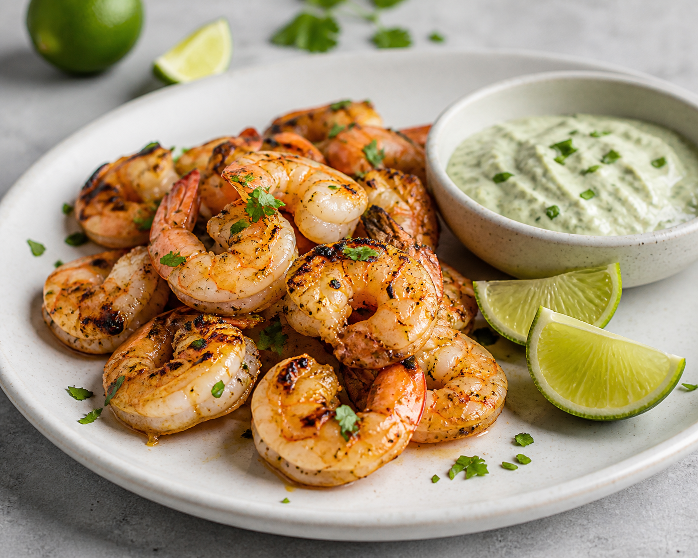 Chile lime shrimp with lime wedges and creamy poblano sauce on a white plate