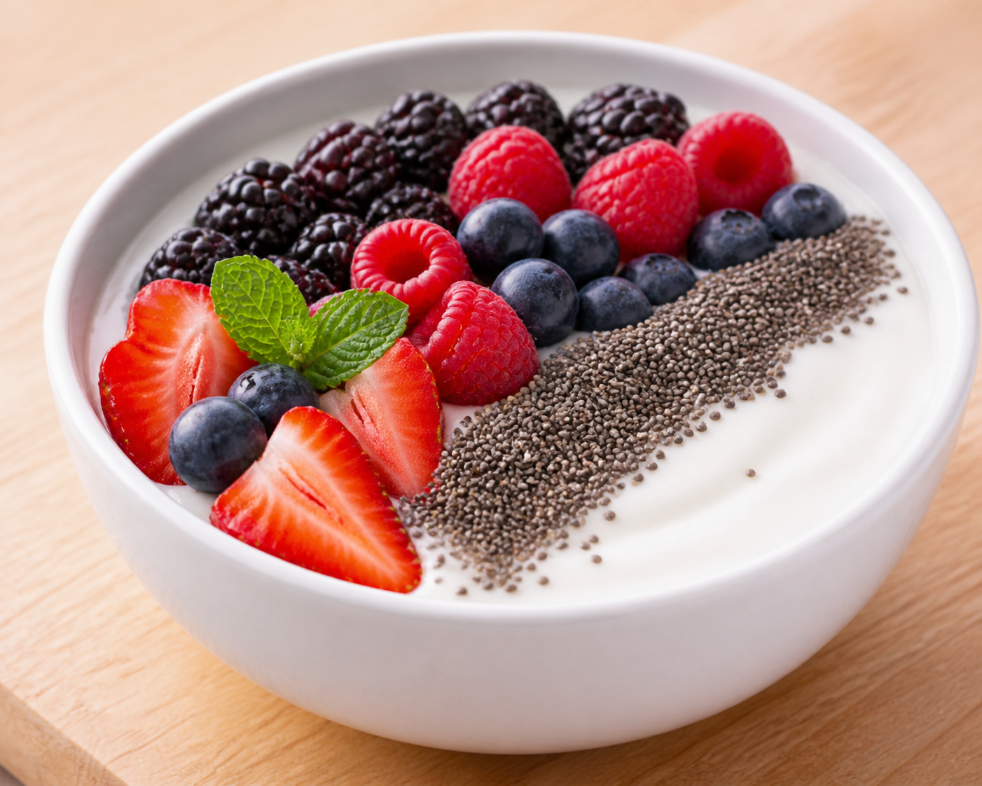 Mixed berry chia Greek yogurt bowl with strawberries, blueberries, raspberries, blackberries, and chia seeds