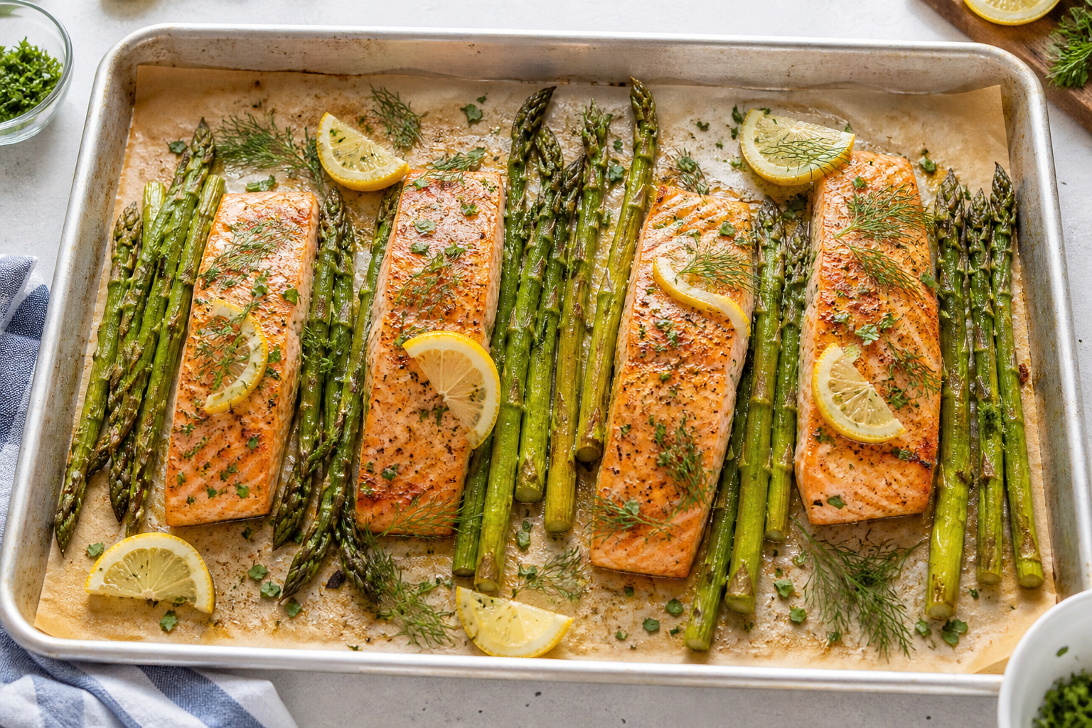 Sheet-pan herby salmon fillets with asparagus, lemon slices, and fresh herbs