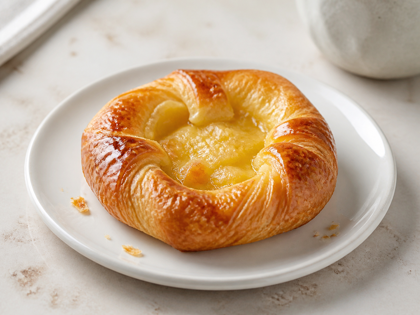 Golden sweet breakfast pastry on a white plate