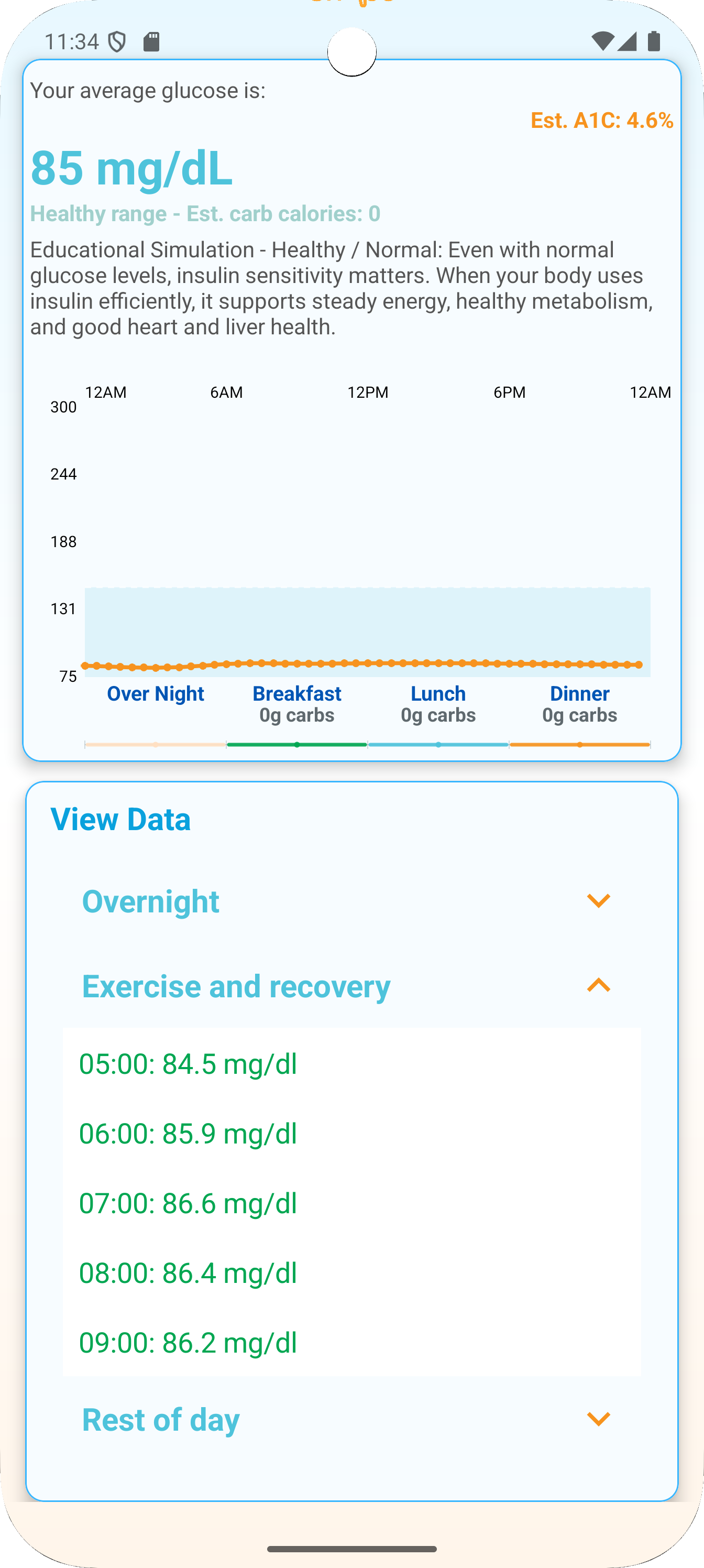 Gluco Shape data view screen with grouped glucose data sections