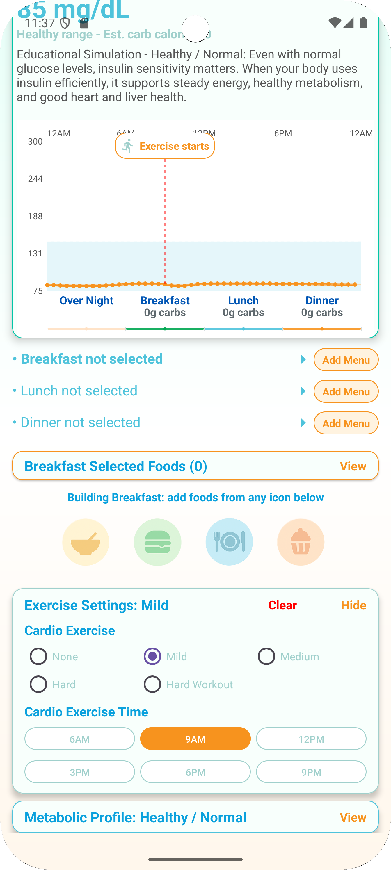Gluco Shape exercise settings screen with activity options