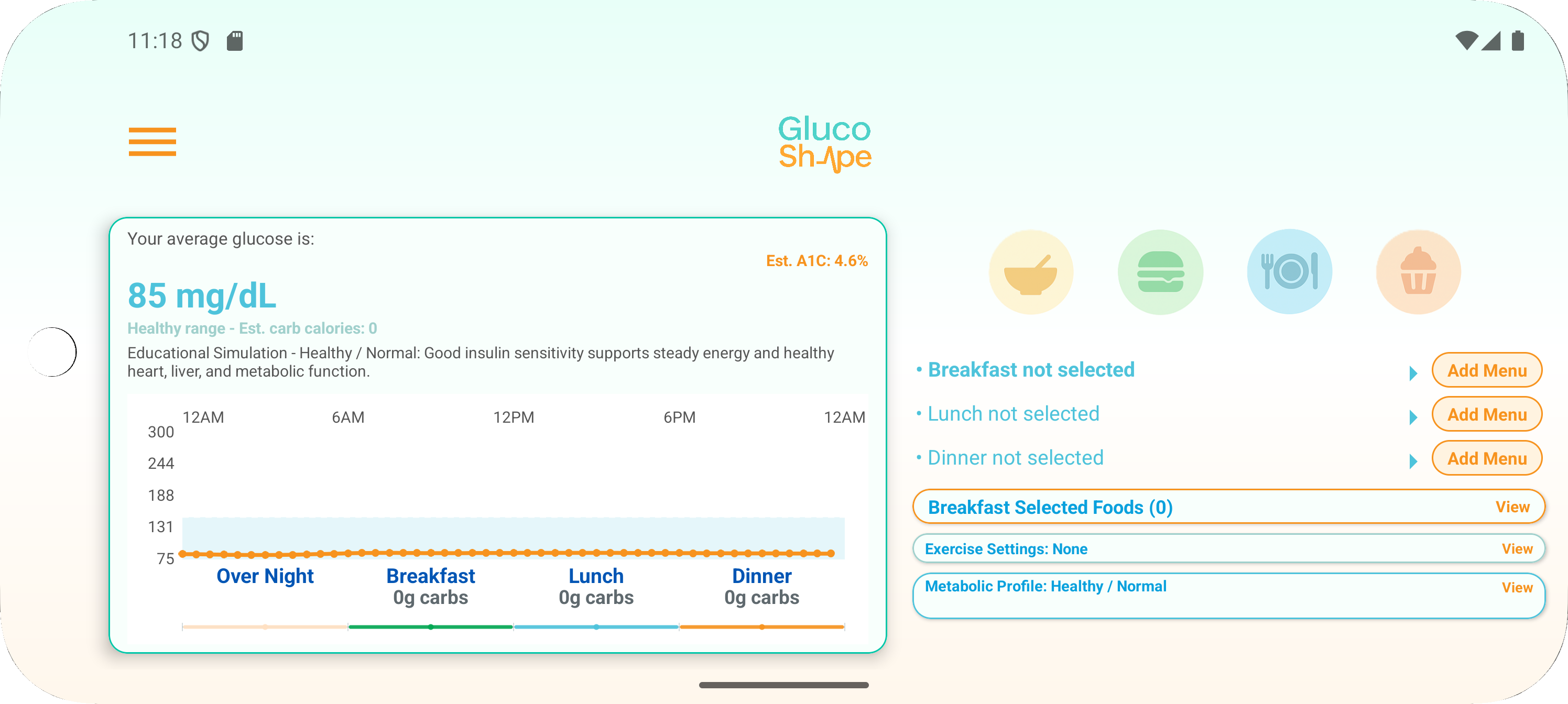 Gluco Shape food menu landscape screen with food choices, carbs, calories, and add controls