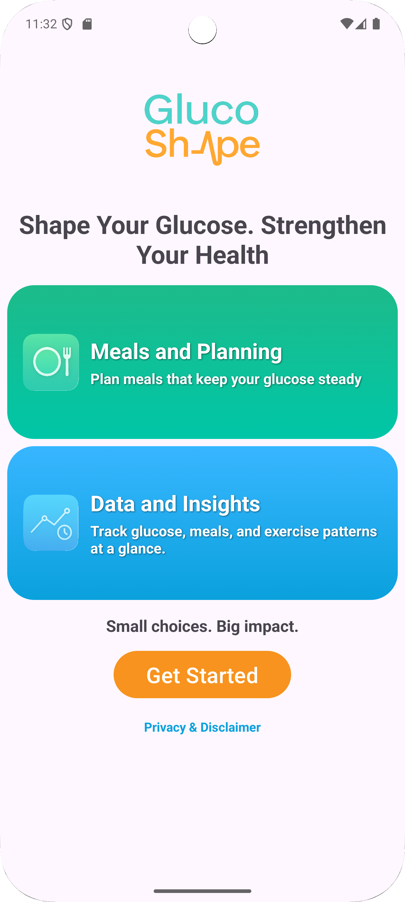 Gluco Shape app home screen with glucose chart, meal planning, exercise settings, selected foods, and metabolic profile