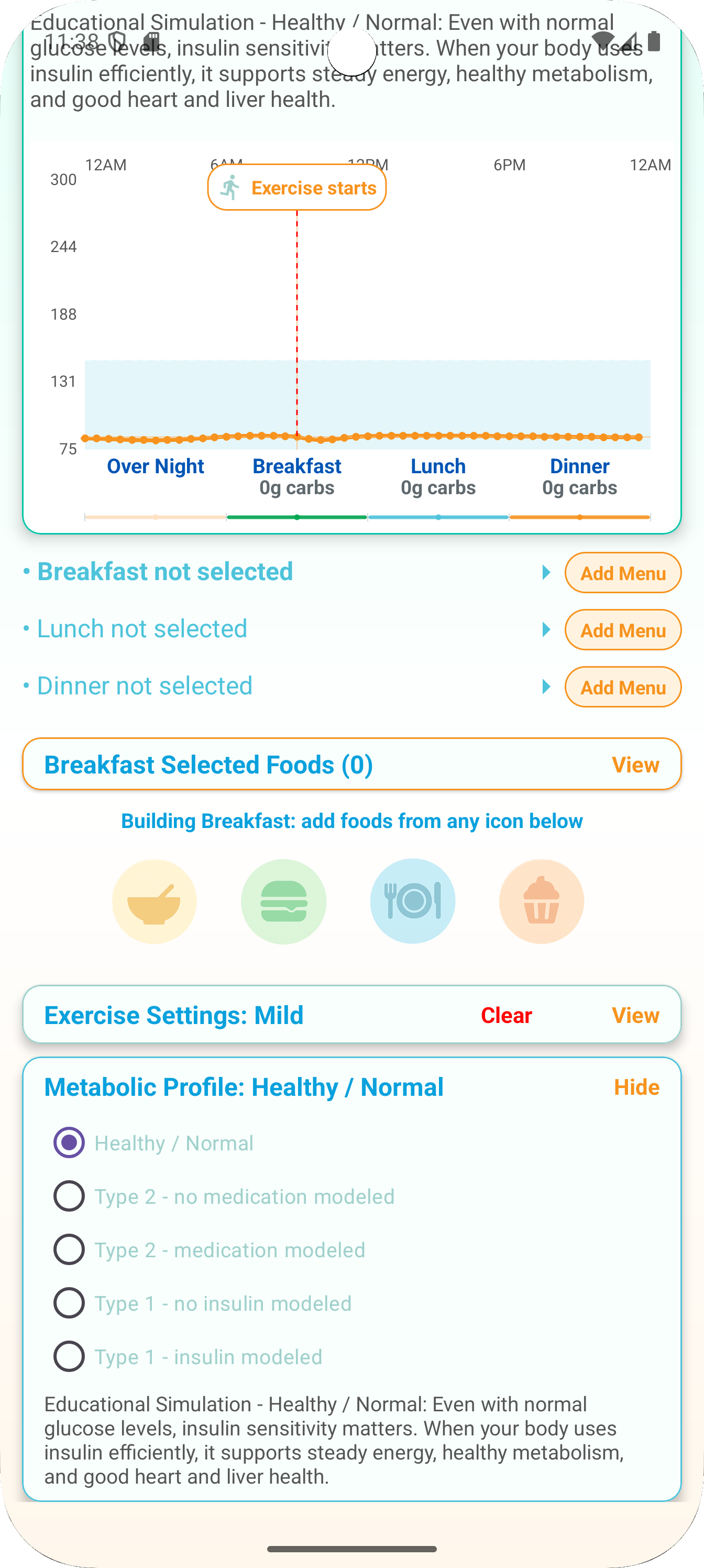 Gluco Shape metabolic profile screen with Normal, Type 1, and Type 2 simulation choices