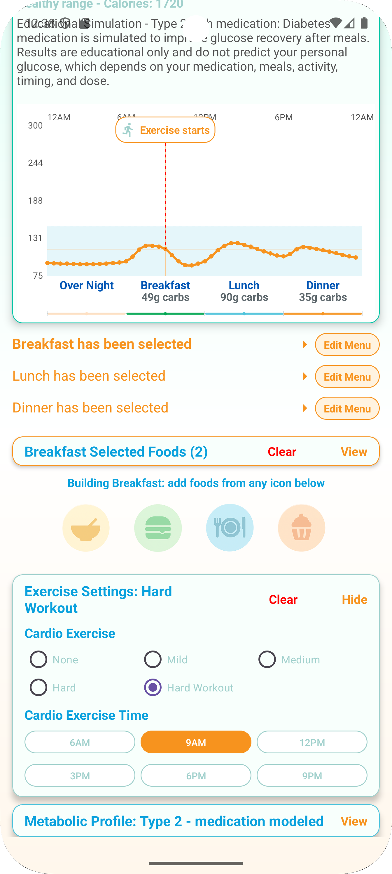 A1C Aware exercise settings screen with activity options