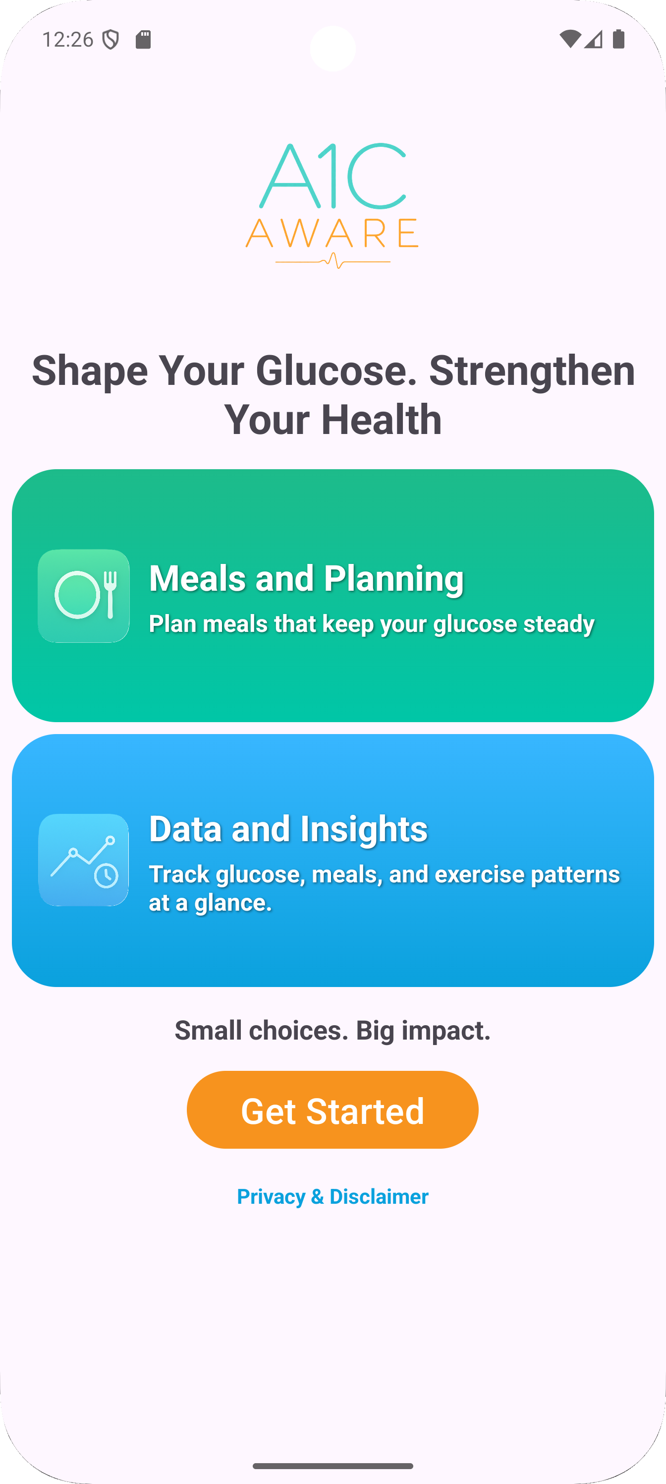 A1C Aware app home screen with glucose chart, meal planning, exercise settings, selected foods, and metabolic profile
