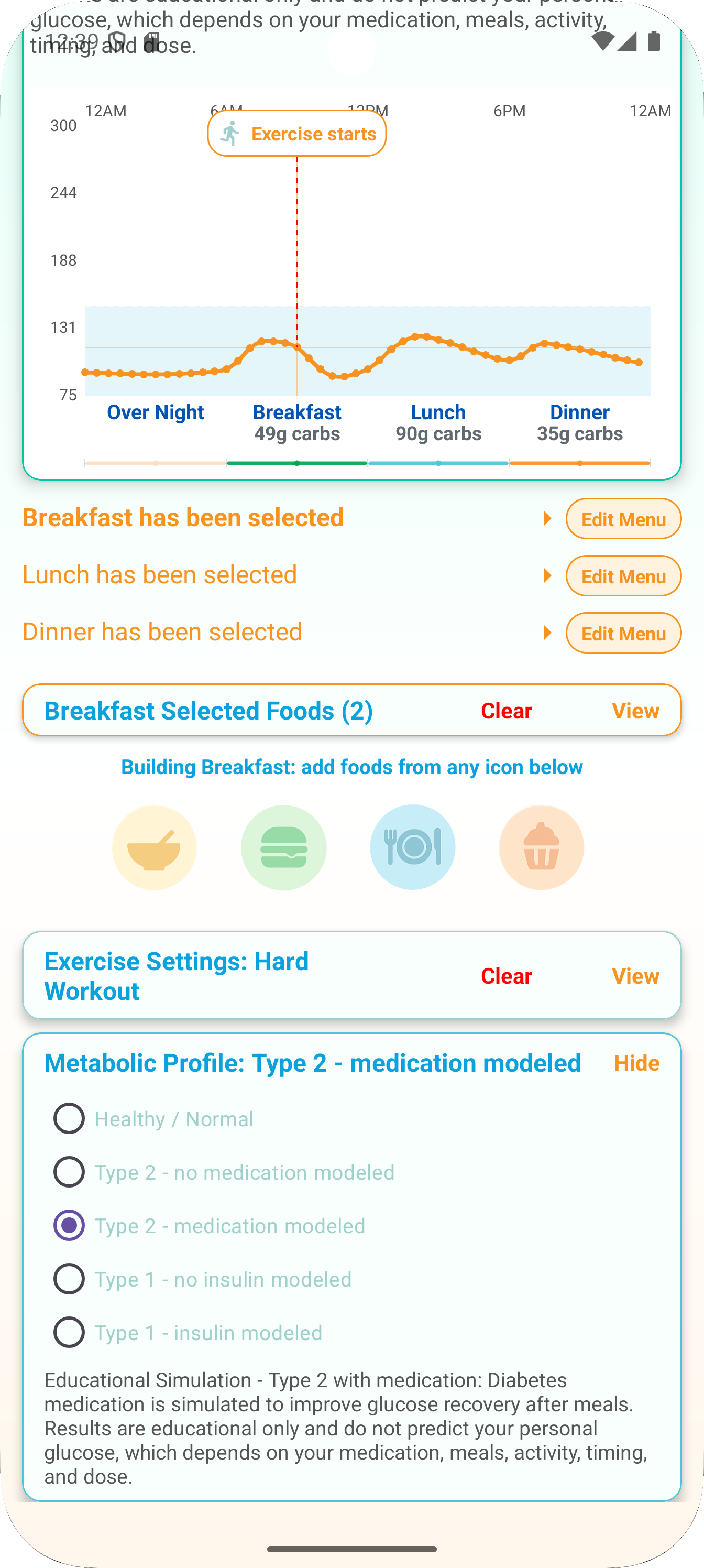 A1C Aware metabolic profile screen with Normal, Type 1, and Type 2 simulation choices