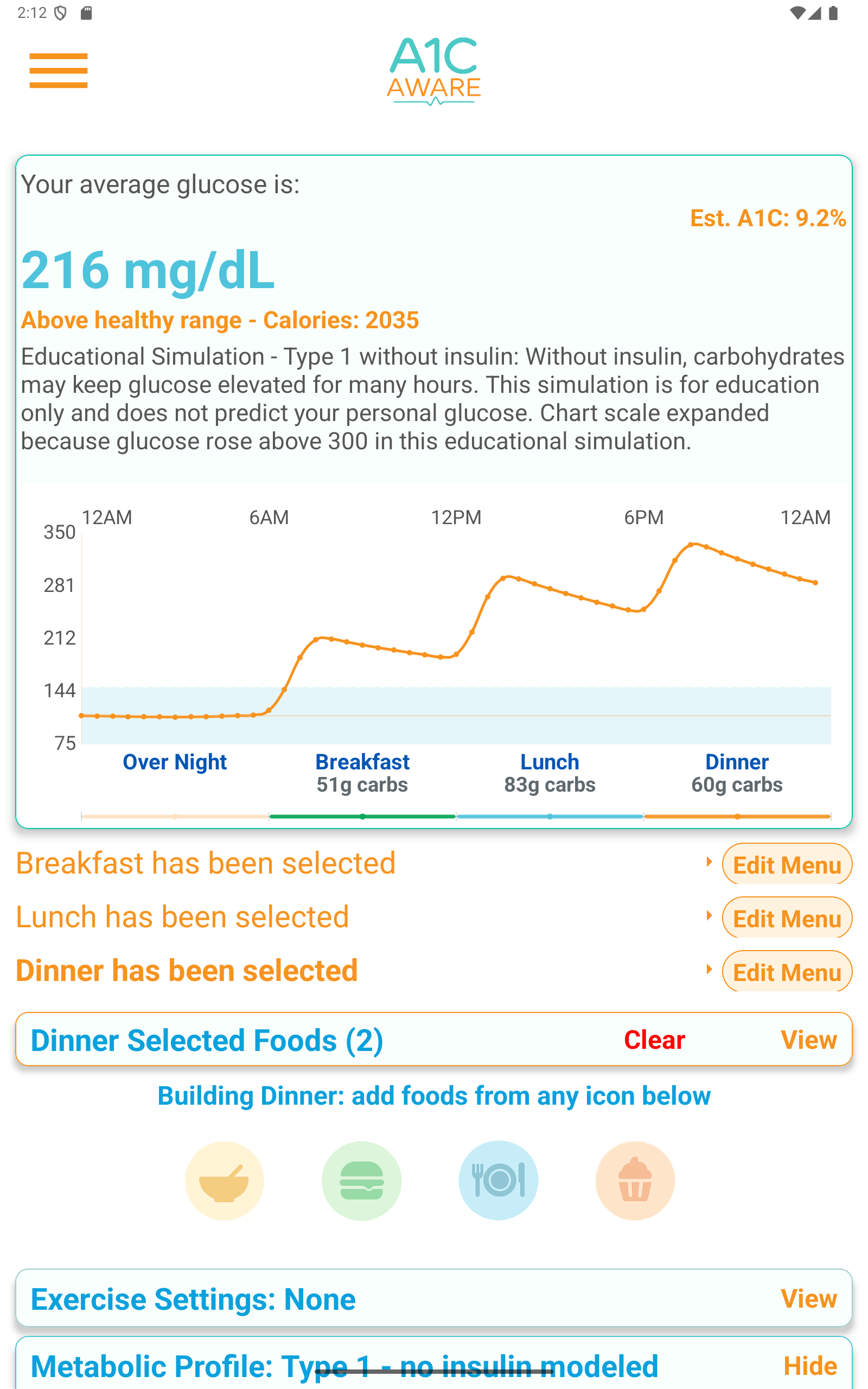 A1C Aware food menu screen with food choices, carbs, calories, and add controls
