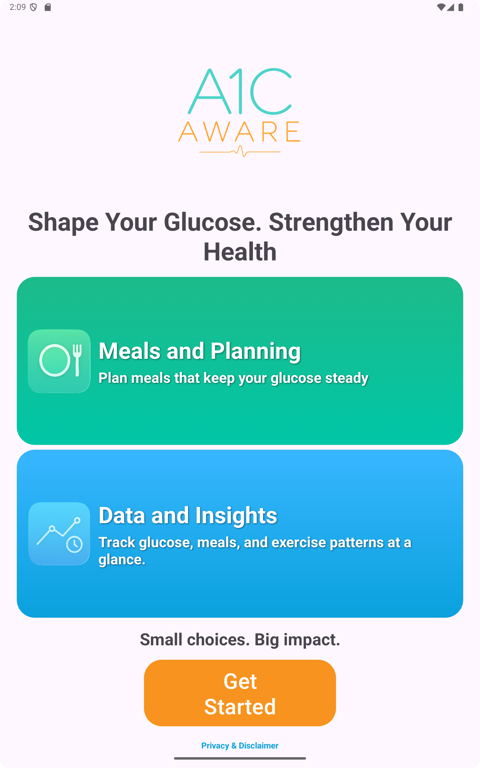 A1C Aware home portrait screen showing glucose average, chart pattern, meals, exercise settings, selected foods, and metabolic profile