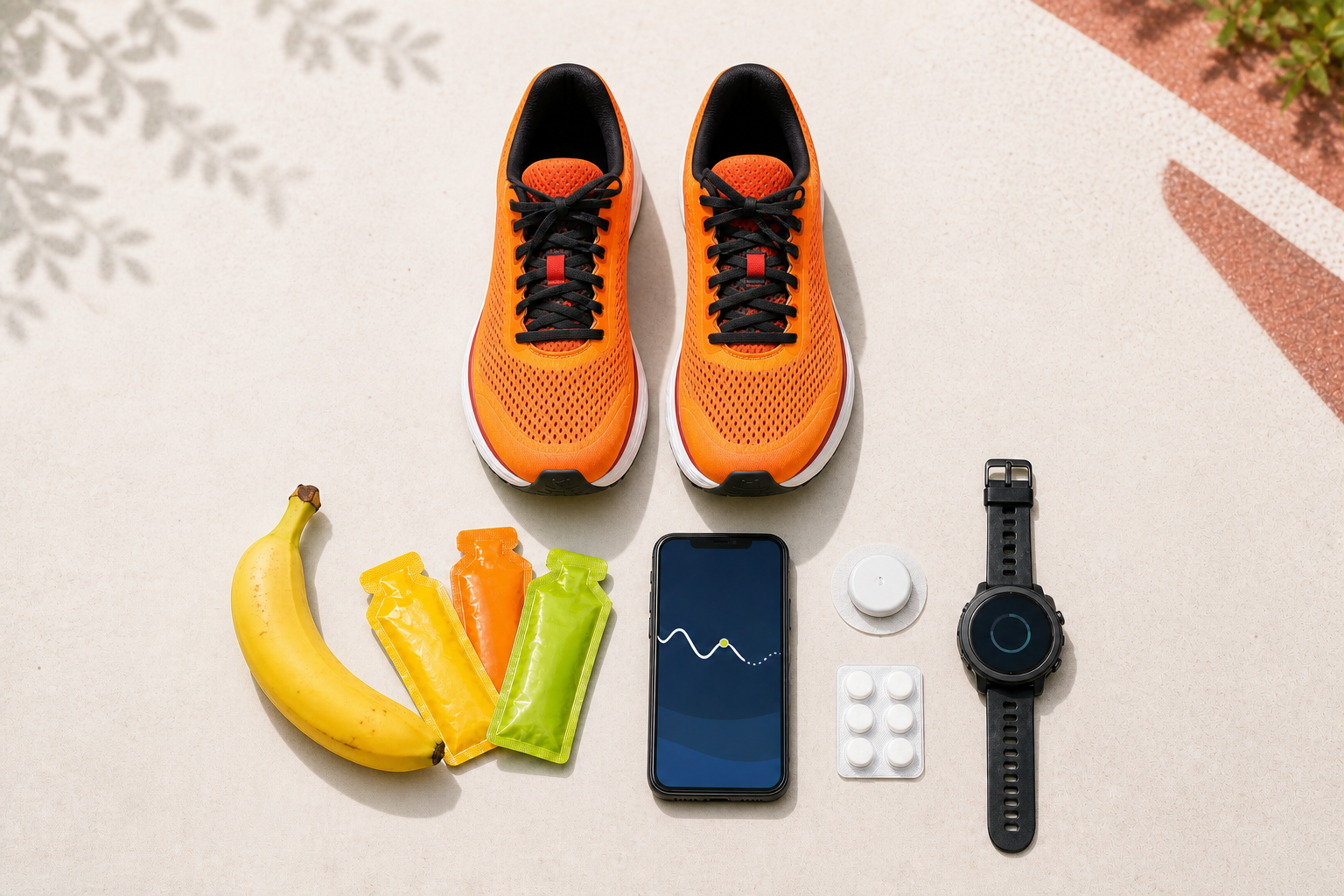Long run essentials for a diabetic runner with orange shoes, gels, banana, glucose sensor, phone, sugar tablets, and watch