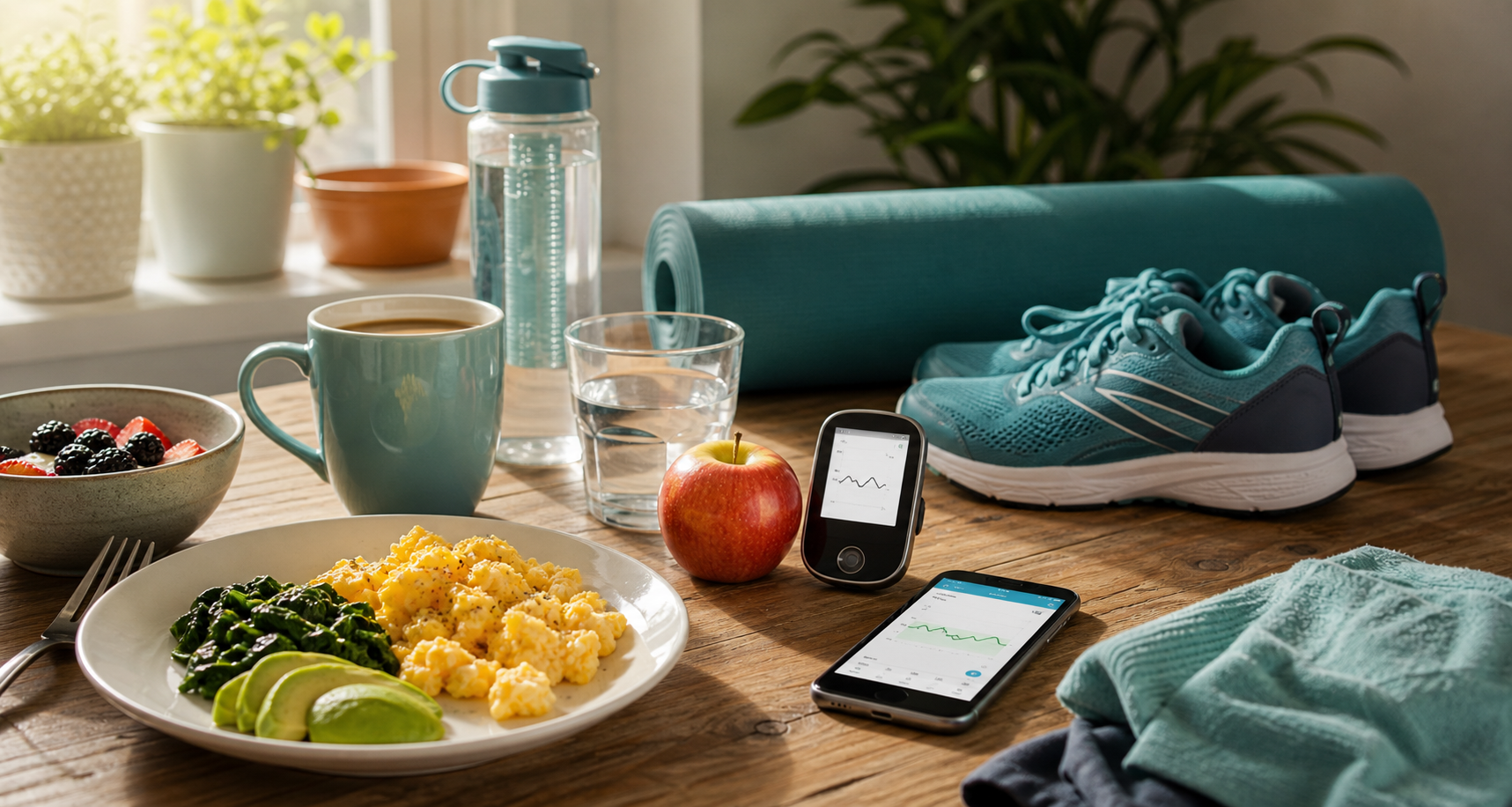 Morning diabetes routine with breakfast, glucose tracking, water, and running shoes