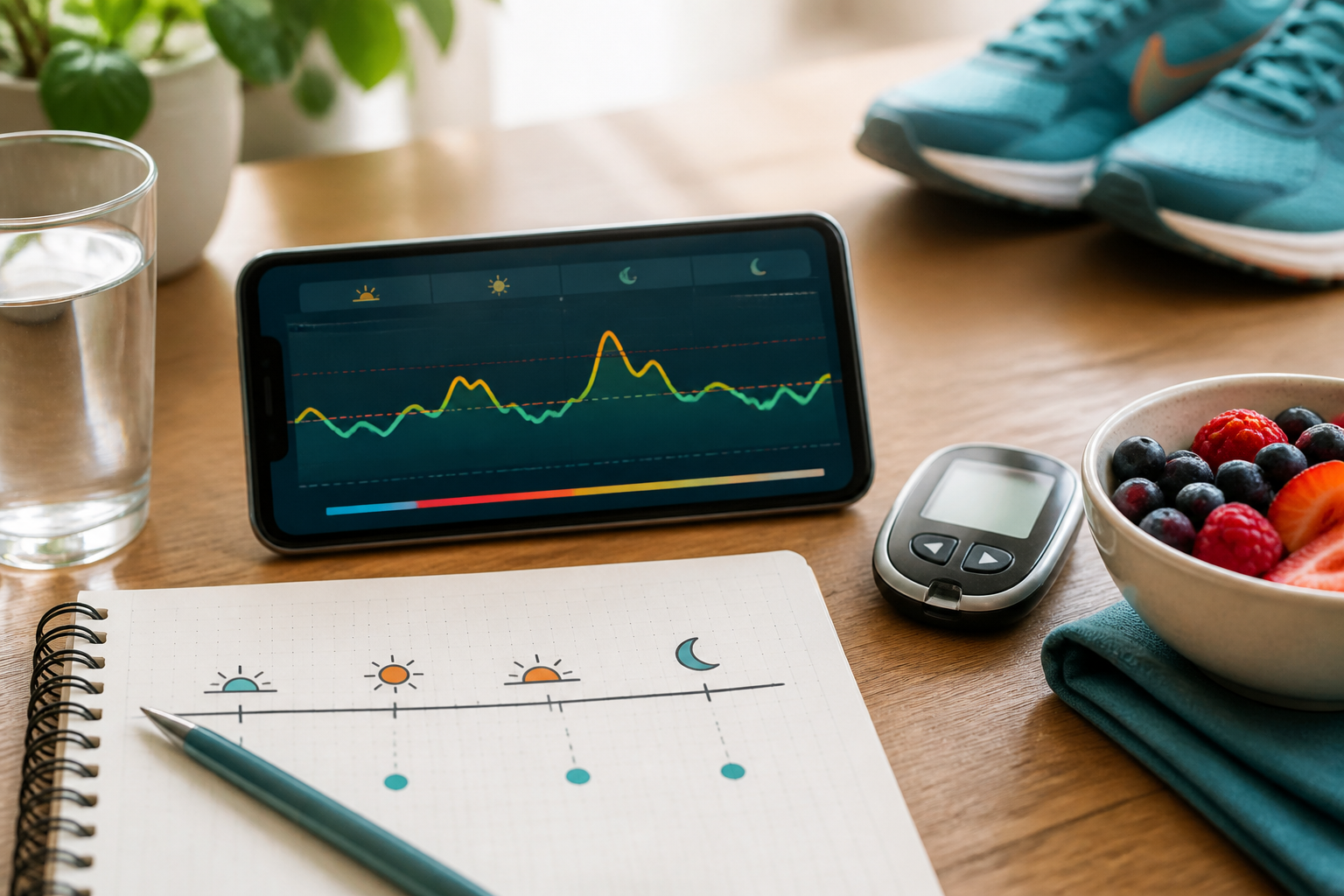 Glucose trend chart, meter, berries, water, notebook, and walking shoes